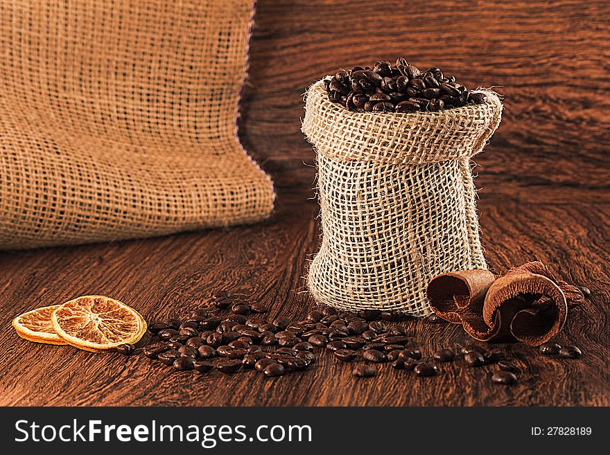 Coffee beans in burlap bag