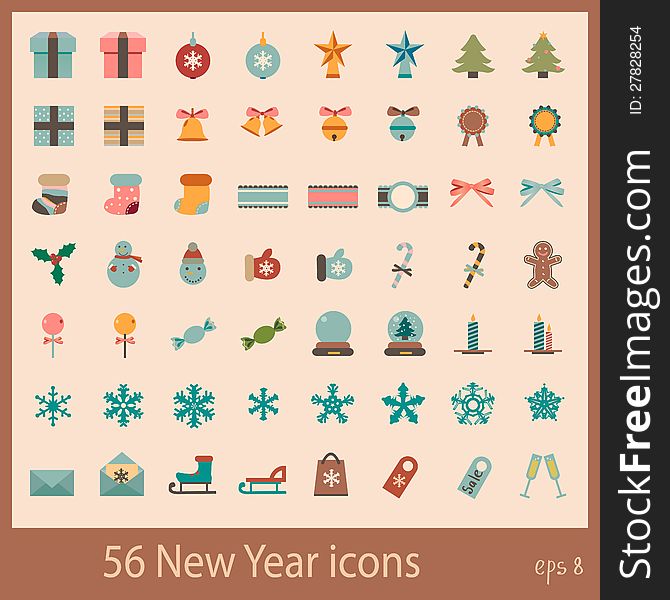 56 New Year and Christmas vintage icons. 56 New Year and Christmas vintage icons