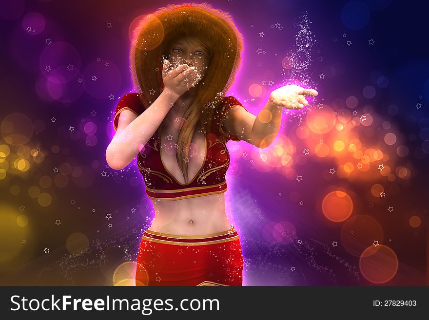 Illustration of beautiful girl blows snow on colorful holiday background. Illustration of beautiful girl blows snow on colorful holiday background.