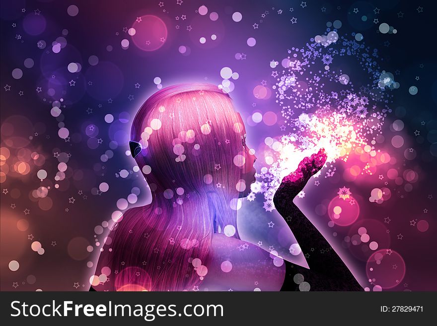 Illustration of beautiful girl blows snowflakes on colorful holiday background. Illustration of beautiful girl blows snowflakes on colorful holiday background.