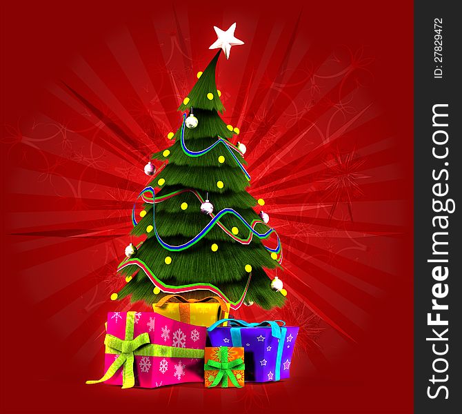 Illustration of Christmas, New Year tree with gifts on red background. Illustration of Christmas, New Year tree with gifts on red background.
