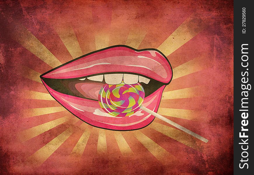 Grunge lips and colorful lollipop