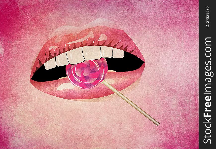 Illustration of lips and striped lollipop on grunge background. Illustration of lips and striped lollipop on grunge background.
