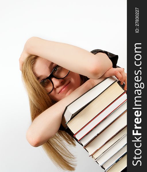 Portrait of Woman with Stack of Books