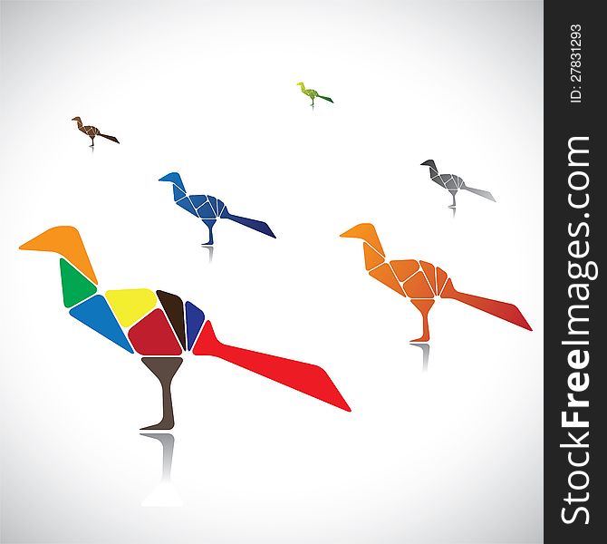 Abstract illustration of a many colorful birds together. The graphic contains birds assembled by joining different body parts(blocks) colored with different bright colors
