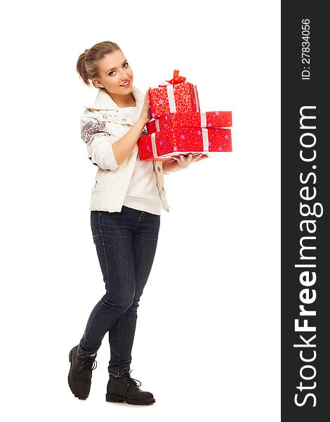 Young woman gives gift red box with bow