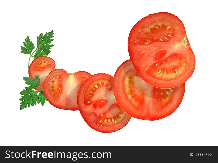 Freshness sliced tomatoes and green parsley on white background