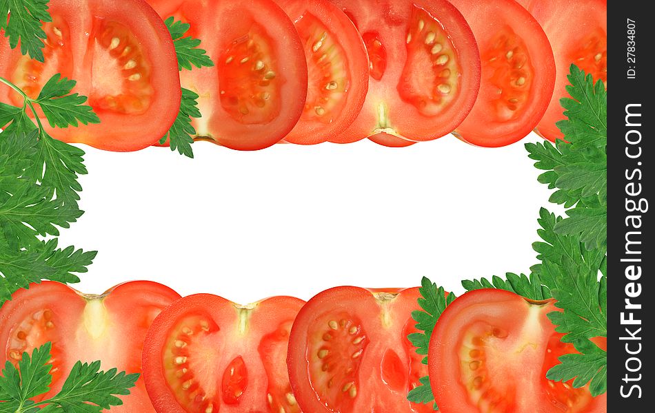 Frame made from freshness sliced tomatoes and green parsley. Good background for menu or recipe. Frame made from freshness sliced tomatoes and green parsley. Good background for menu or recipe
