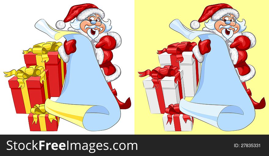 Jolly Santa Claus with a scroll in his hands and Christmas gifts. Jolly Santa Claus with a scroll in his hands and Christmas gifts