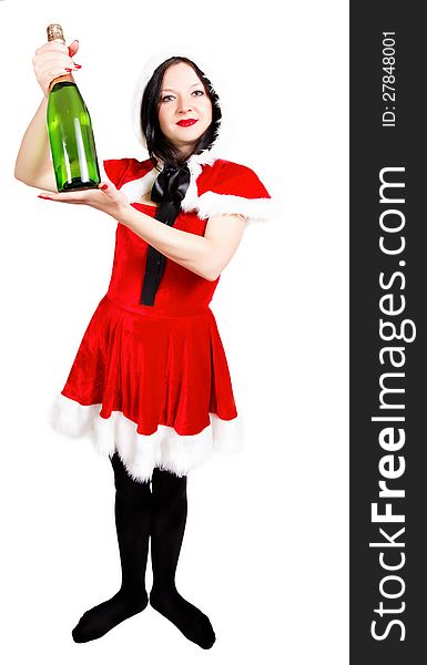Girl with champagne at Christmas isolated background