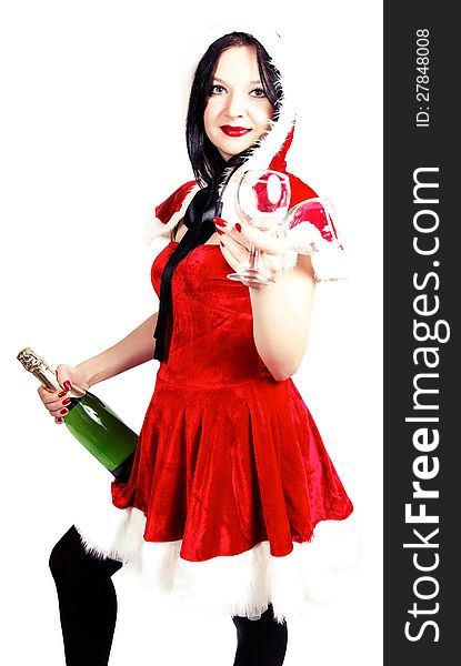 Girl with champagne and glasses in Christmas isolated