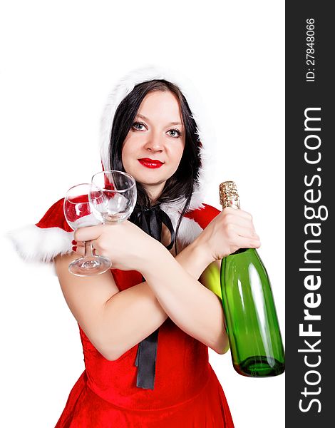 Girl celebrates Christmas with champagne isolated background