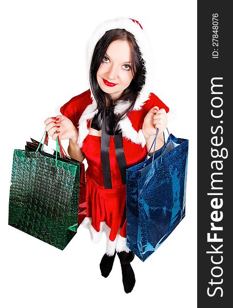 Girl with Christmas presents isolated background