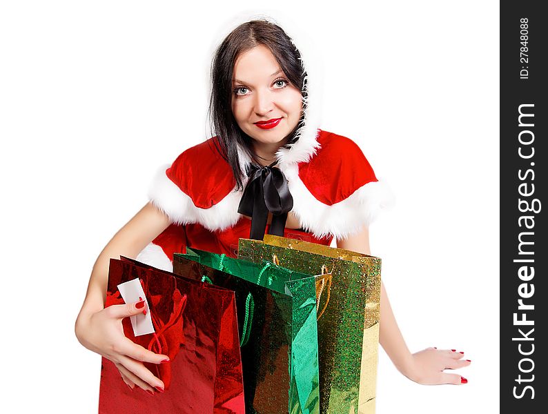 Brunette girl with presents for Christmas isolated background
