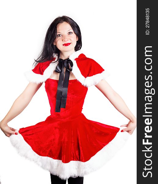 Pretty girl dressed as Santa for Christmas isolated