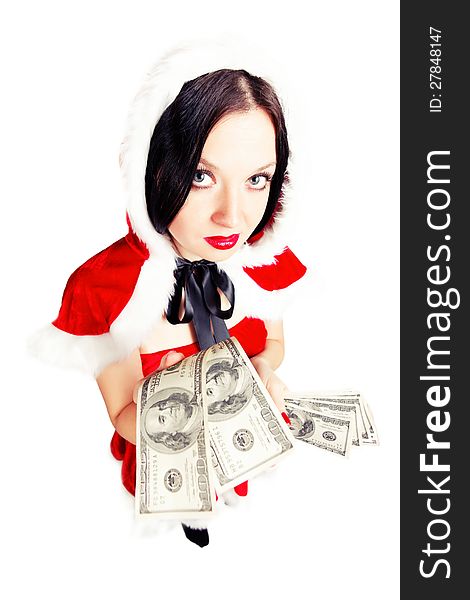 Girl Dressed As Santa With Money