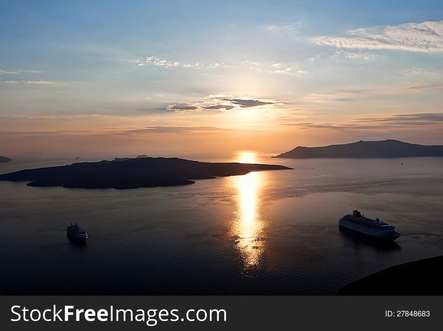 Caldera  Santorini Island At Sunset.