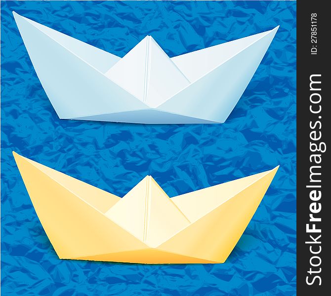 Two paper boats in the blue paper sea