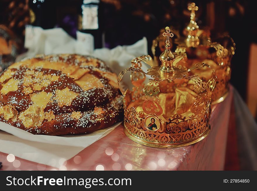 Orthodox wedding accessories including two crowns. Orthodox wedding accessories including two crowns