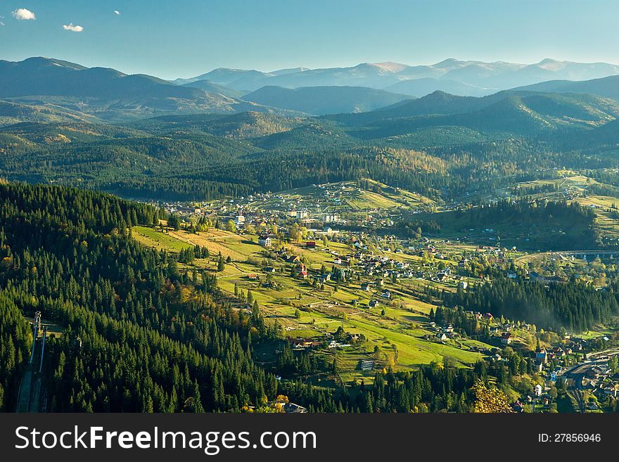 The view from the mountaintop to the village. Ukraine. Carpathians.