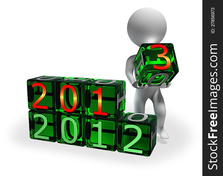 2013 new year text is being built by abstract character moving bright green cubes with digits. 2013 new year text is being built by abstract character moving bright green cubes with digits