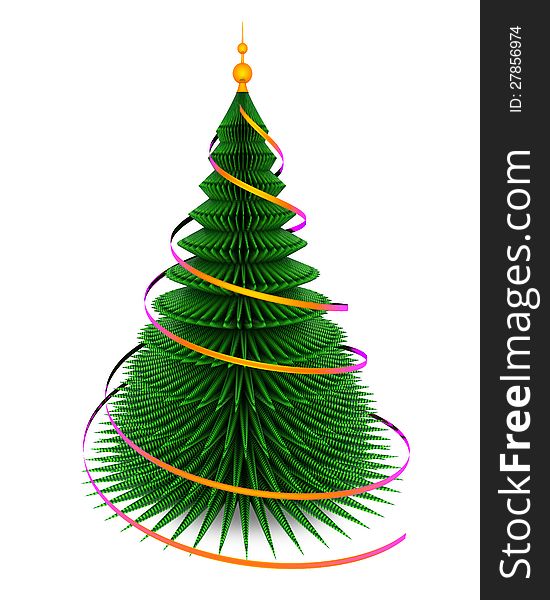Christmas fir tree with spiral colorful ribbons   on white. 3-d render. Christmas fir tree with spiral colorful ribbons   on white. 3-d render.