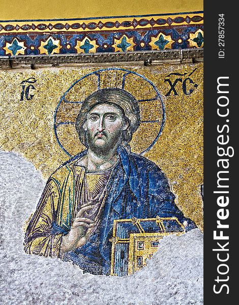 Jesus Christ mosaic in the interior of Hagia Sophia in Istanbul, Turkey