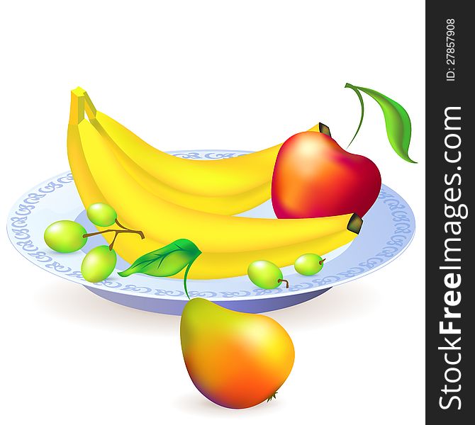 Vector plate of fruits - apple, pear, banana, grapes. Vector plate of fruits - apple, pear, banana, grapes