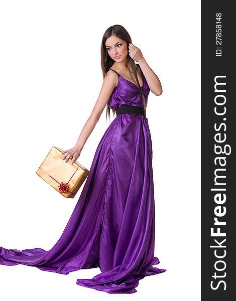 girl in violet dress, holding gift box in hand