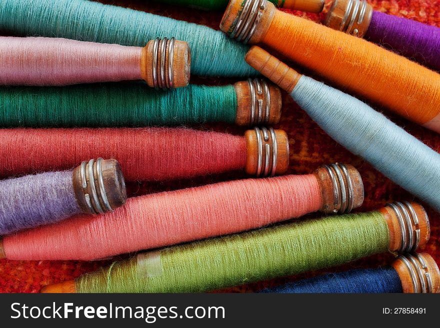 Closeup of vintage cotton sewing spools