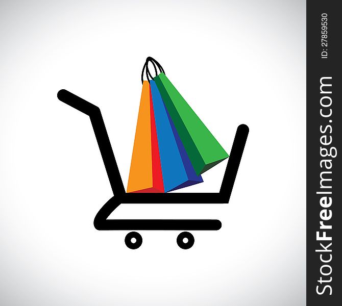 Concept illustration - online shopping cart & bags. The graphic contains a shopping cart symbol with colorful shopping bags representing conceptually purchasing online and e-commerce