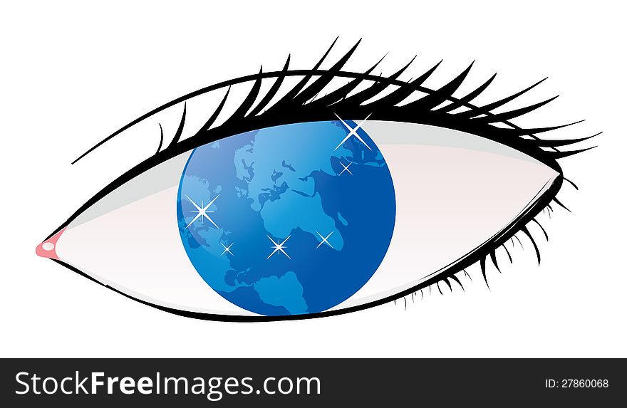 Illustration of human eye with world as iris on white background. Illustration of human eye with world as iris on white background.