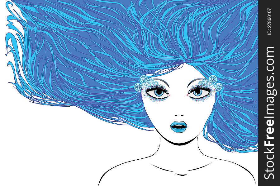 Illustration of abstract winter girl with blue hair.