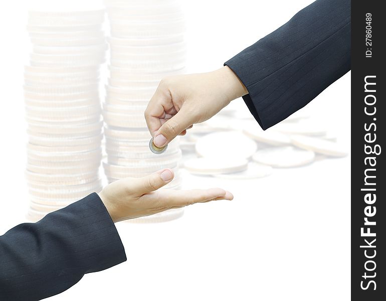 Businessman hand giving a coin for investment to another person on white background. Businessman hand giving a coin for investment to another person on white background.