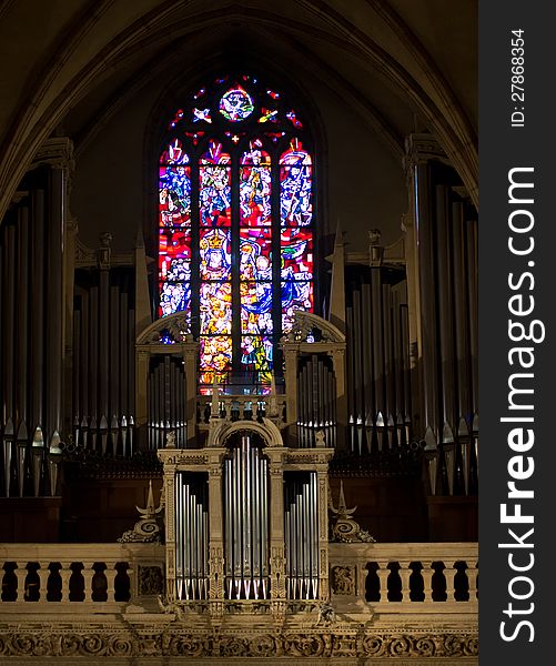 Organ and stained glass window in the Notre Dame de Luxembourg