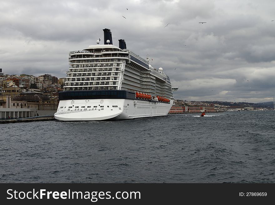 A large cruise ship at the port of Istanbul