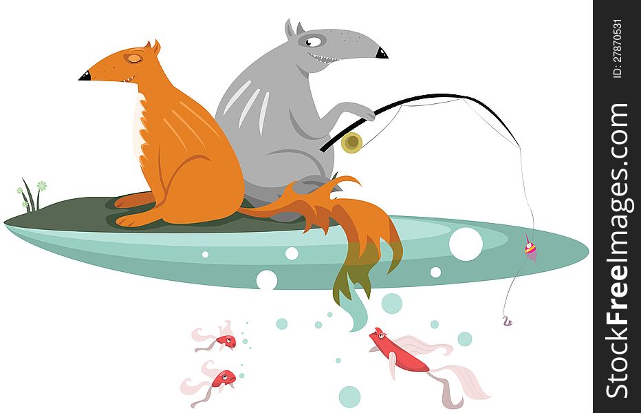 Fox and Wolf are fishing. The Wolf uses the hook, and the Fox uses her tail. Who will catch more?