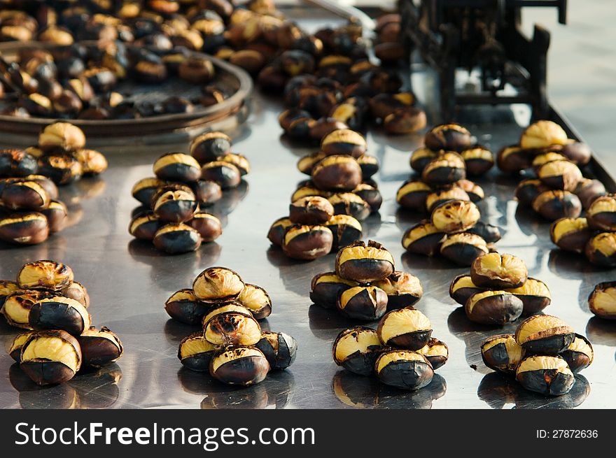 Grilled chestnuts on street merchant's trolley in Istanbul, Turkey