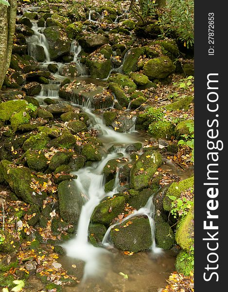 A Small Waterfall Is Surrounded By Fall Leaves.