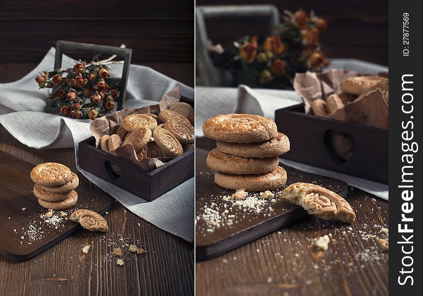 The composition of the three photos with sweet waffle sticks, boxes of peanuts and chocolate drops on a beige napkin and a dark background. The composition of the three photos with sweet waffle sticks, boxes of peanuts and chocolate drops on a beige napkin and a dark background.
