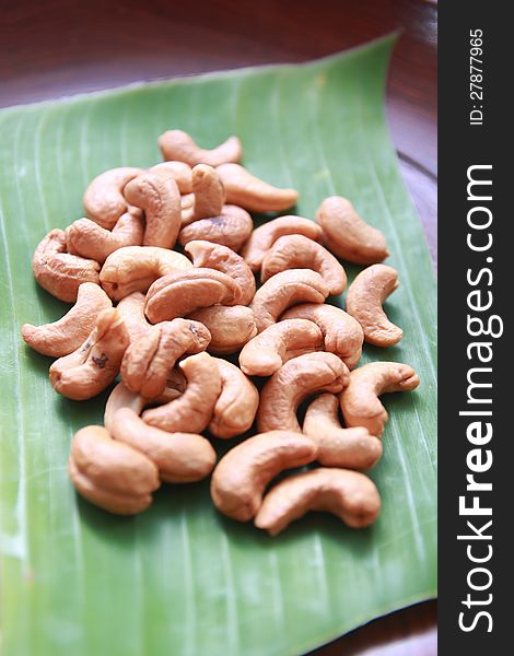 Cashew Nuts On Banana Leaf