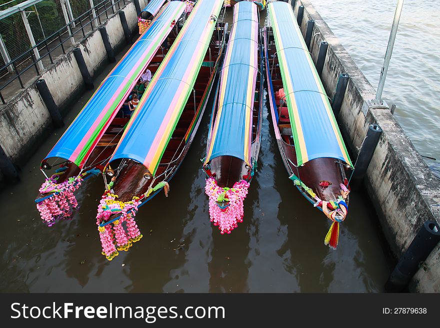 Colorful boats stand by for tourists in Bangkok