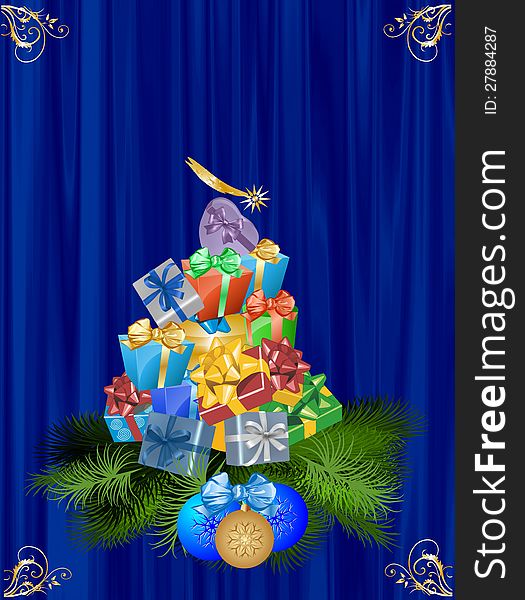 Christmas decoration with the Christmas tree and gifts. Christmas decoration with the Christmas tree and gifts