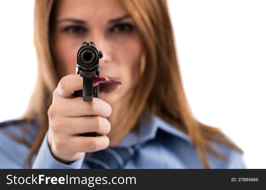 Lady cop posing with gun on white background