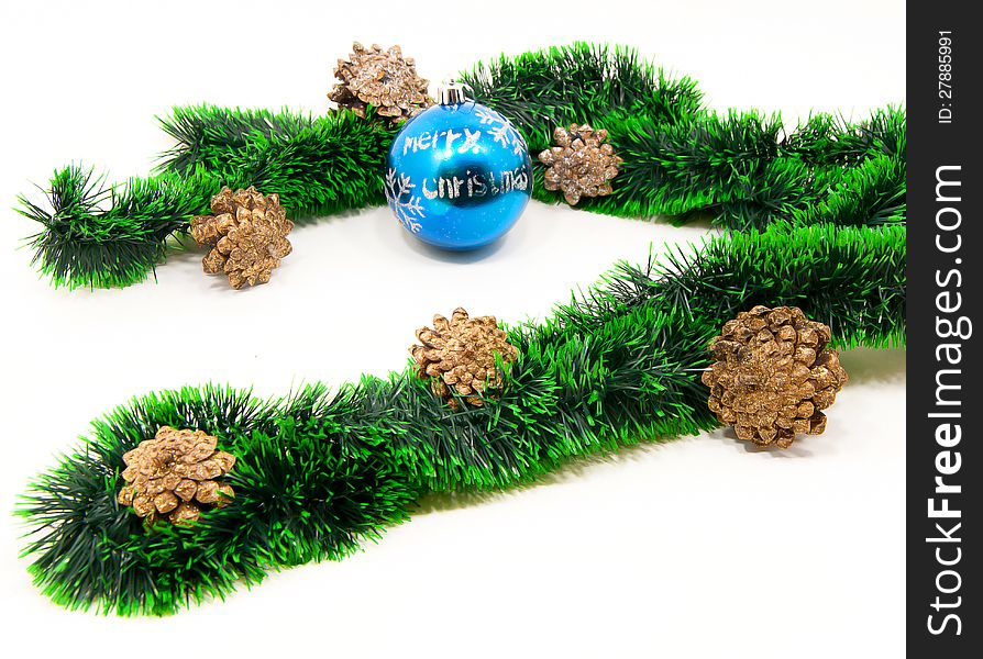 Christmas ornaments with tinsel and cones