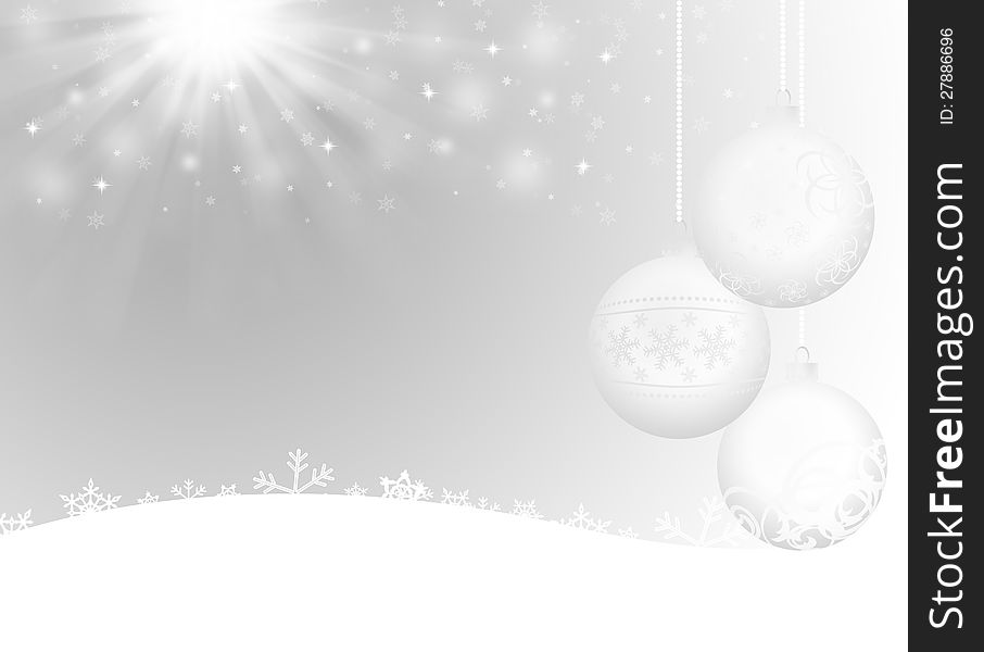 Christmas card with balls and rays of light. Christmas card with balls and rays of light.