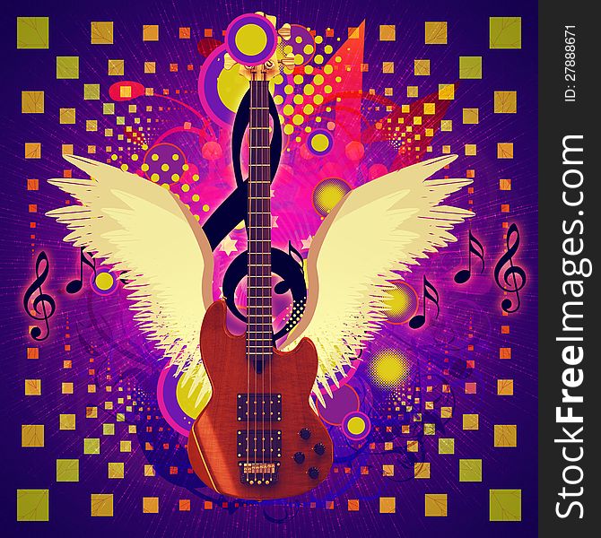 Illustration of abstract musical background and guitar with wings. Illustration of abstract musical background and guitar with wings.