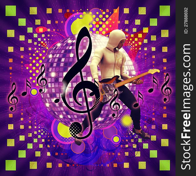 Illustration of abstract musical background with music notes and guitar player. Illustration of abstract musical background with music notes and guitar player.