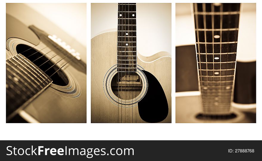 Acoustic guitar close up , shallow depth of field vintage style photo . Acoustic guitar close up , shallow depth of field vintage style photo .