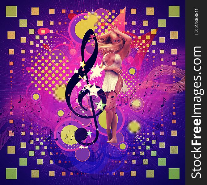 Illustration of abstract musical background with music notes and dancing girl. Illustration of abstract musical background with music notes and dancing girl.